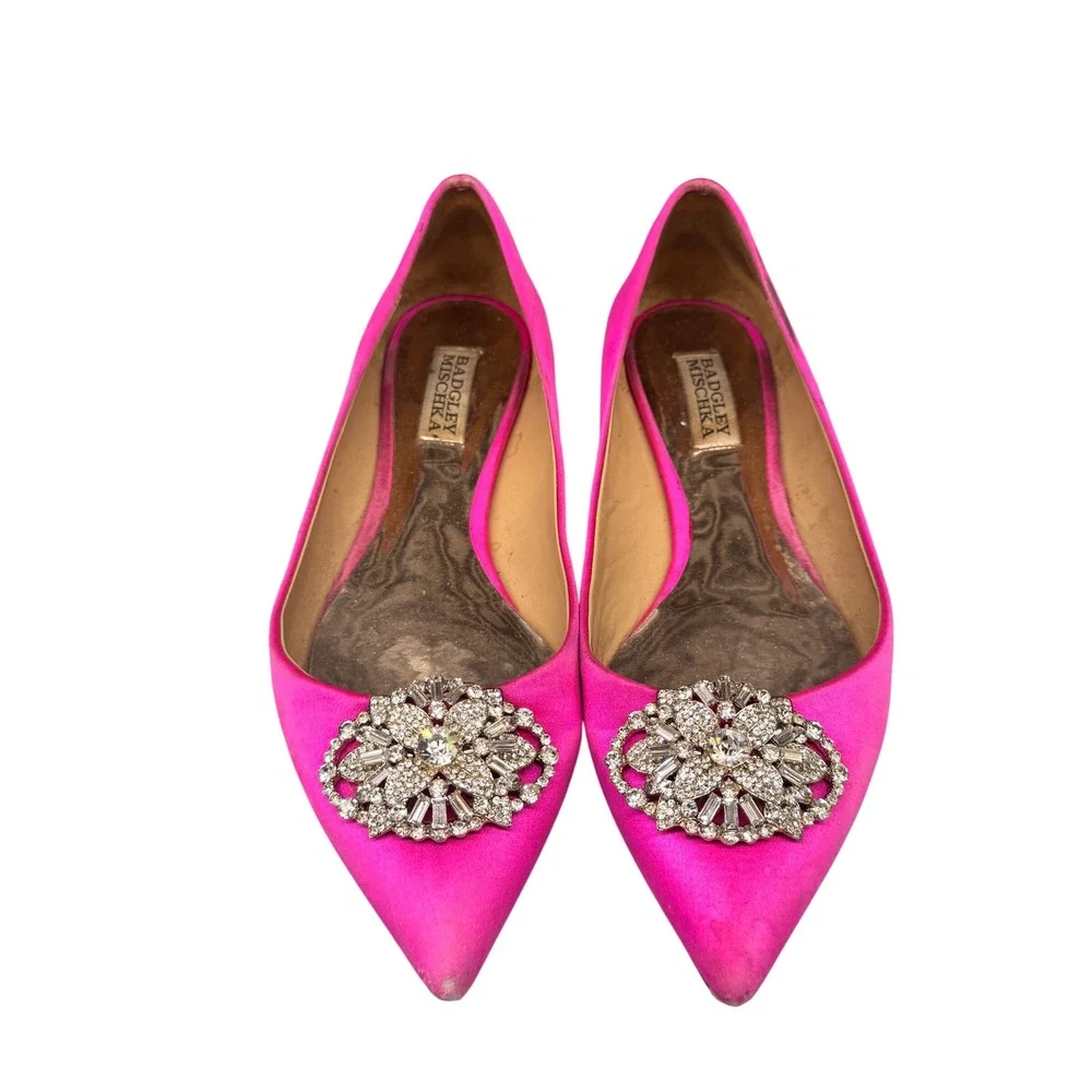 Size 7.5 - Badgley Mischka Davis Pink Satin Pointed Toe Crystal Brooch Flats